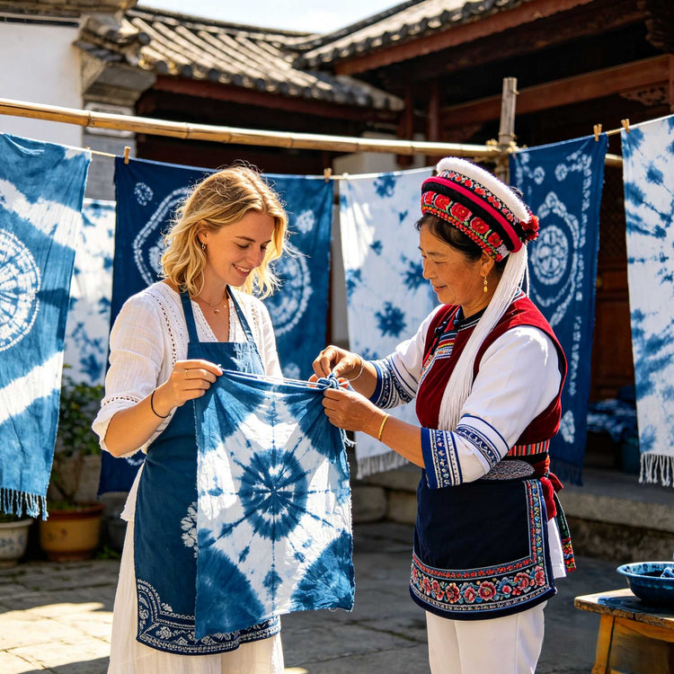 Foreign traveler experiencing Bai ethnic tie-dye handicraft in Zhoucheng village, Dali.