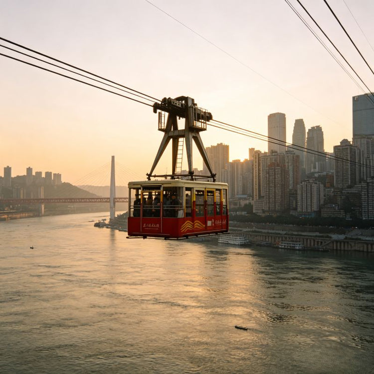 Yangtze River Cableway with Chongqing skyline, classic panoramic river view experience