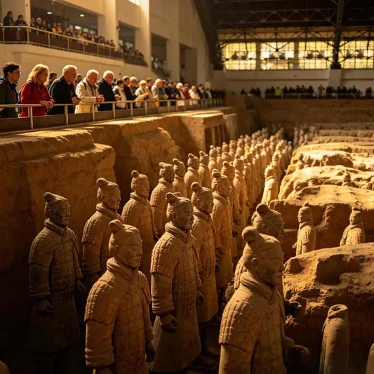 International visitors viewing Terracotta Army warrior formations at Qin Shi Huang Mausoleum Museum, Xi'an UNESCO site
