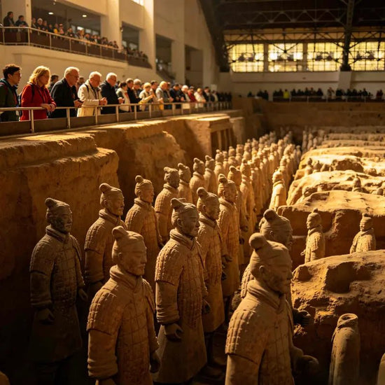 International visitors viewing Terracotta Army warrior formations at Qin Shi Huang Mausoleum Museum, Xi'an UNESCO site