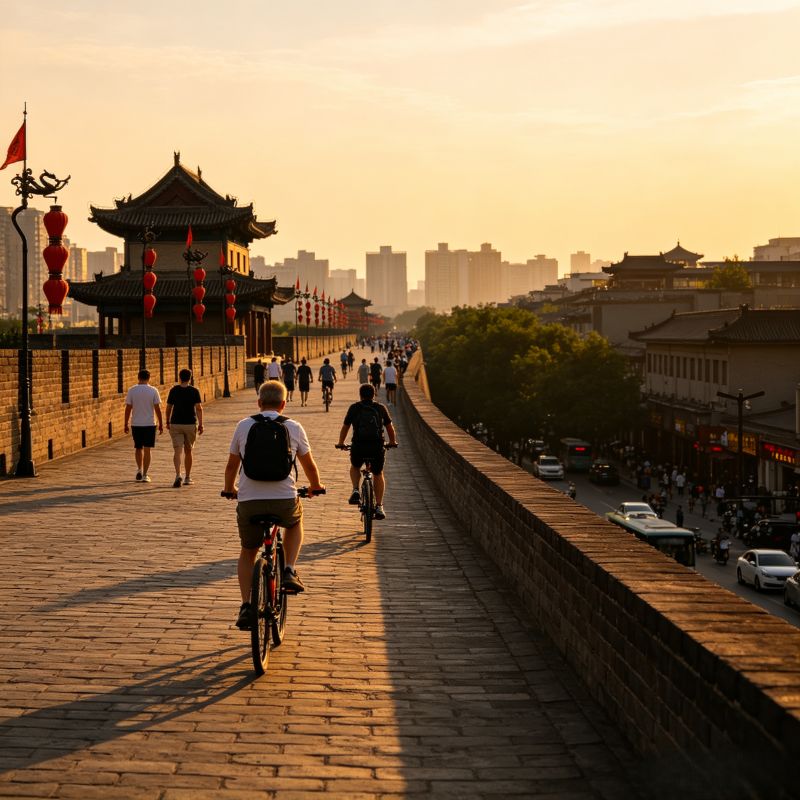Travelers cycling on Xi'an Ancient City Wall at sunset, historic Ming rampart with city skyline view, China
