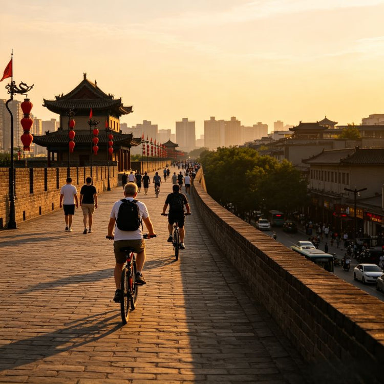 Travelers cycling on Xi'an Ancient City Wall at sunset, historic Ming rampart with city skyline view, China