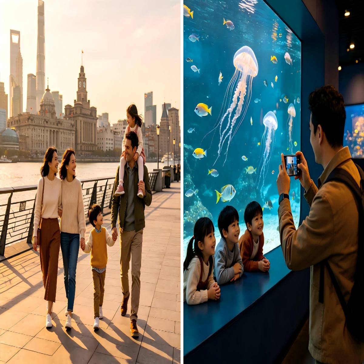 Shanghai The Bund Lujiazui skyline Ocean Aquarium family sightseeing
